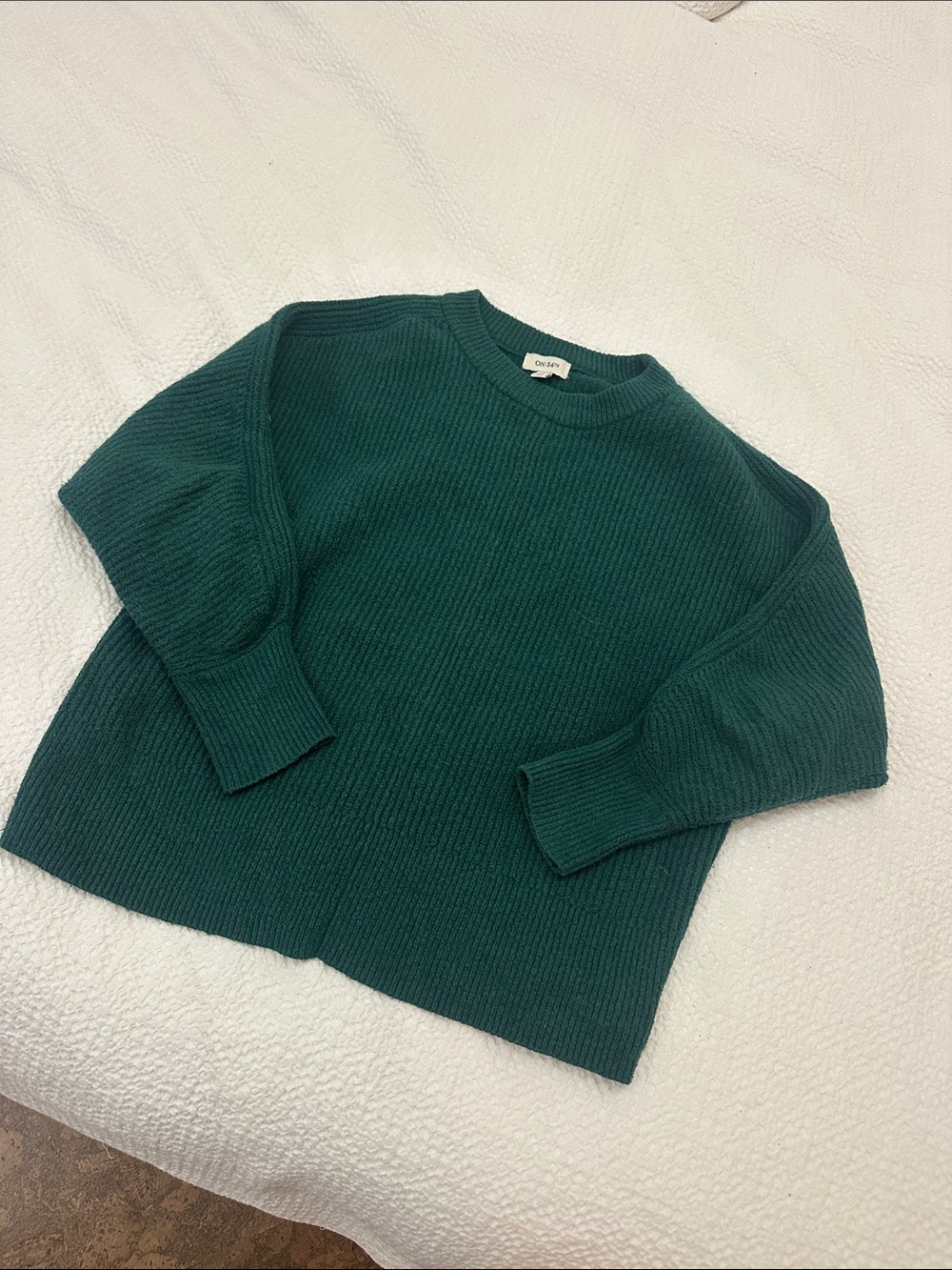 Cotton Blend Deep Teal Ribbed Crewneck Sweater